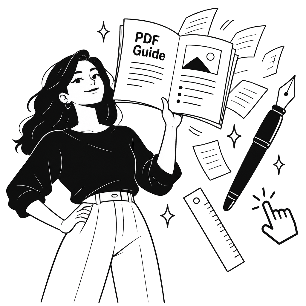 Illustration of a woman holding up a finished PDF guide